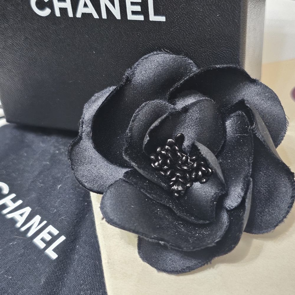 CHANEL Authentic Vtg Black Satin Camellia Floral Brooch/Pin